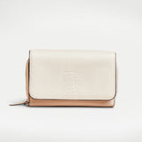 Cream full grain italian leather wallet crossbody with silver zipper, embossed rey de flor logo, and full leather strap.