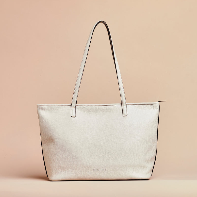 Creamy White  handcrafted full grain leather tote bag with YKK zipper and internal leather lining.